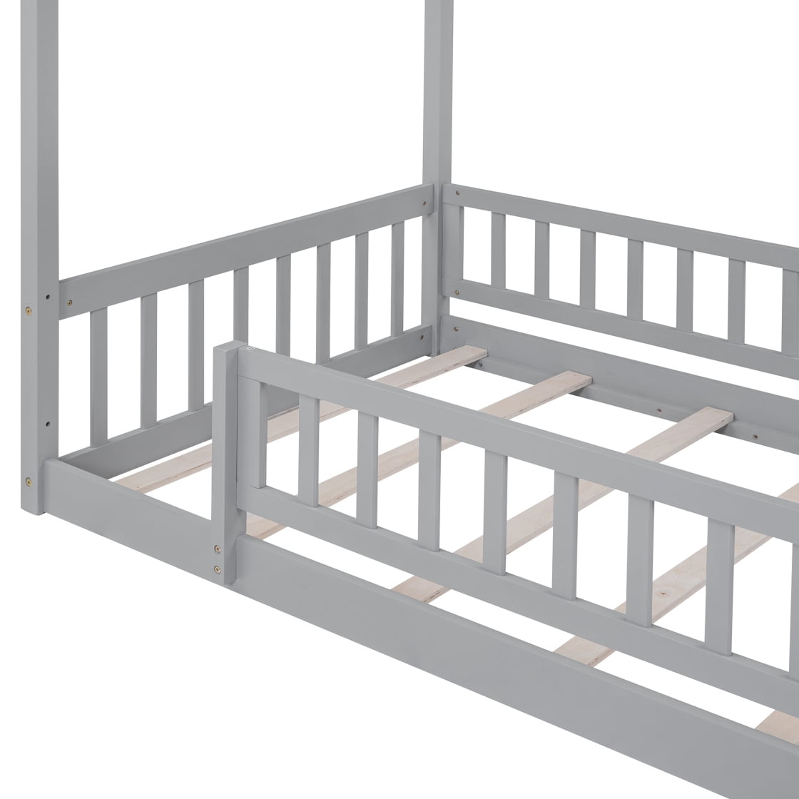Twin Size House Floor Bed with Roof, Wooden Montessori Floor Bed Frame with Safety Fence and Wooden Slats, Montessori House Floor Bed for Boys and Girls, Gray