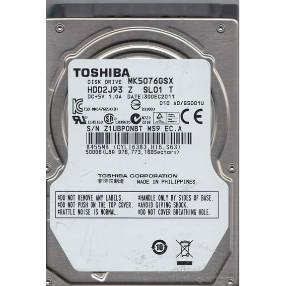 MK5076GSX, A0/GS001U, HDD2J93 Z SL01 T, Toshiba 500GB SATA 2.5 Hard Drive