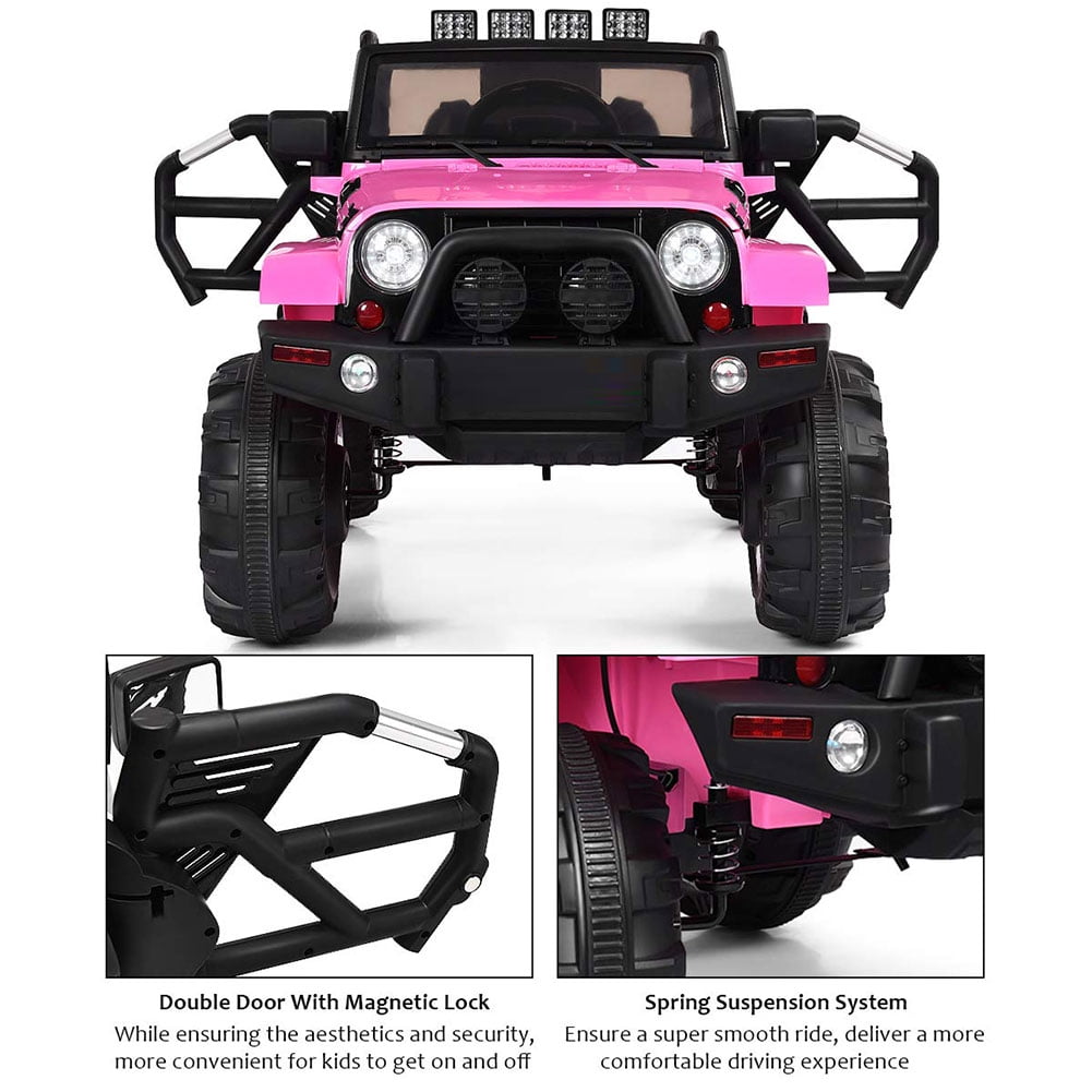Kepooman 12V Kids Ride on Electric Car, Kids Ride-On Truck Car with Remote Control and LED Lights, 3 Speeds, Spring Suspension, Pink