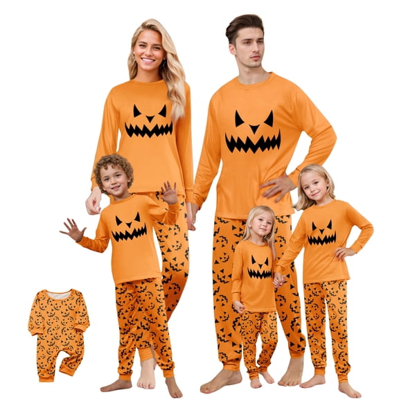 Halloween Pajamas Family Set - 2 piece Pumpkin Face Print Long Sleeve Top and Pants Loungewear,Holiday Cartoon Spooky Print Matching Family Halloween Pajamas for 12 Months Pjs