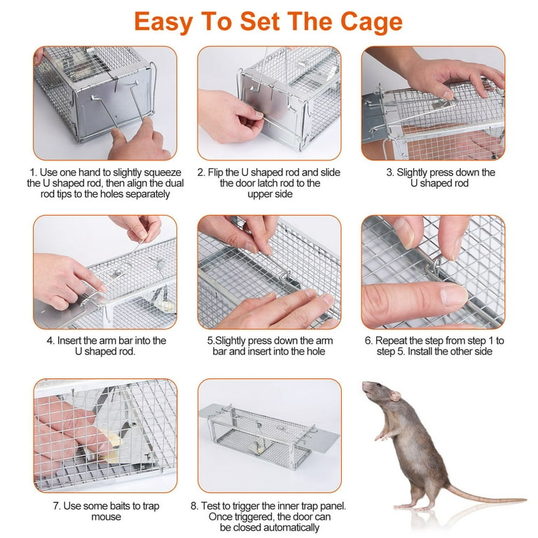 Dual Door Rat Trap Cage Humane Live Rodent Dense Mesh Zinc Electroplating  Mice Control with 2 Detachable U Shaped Rod