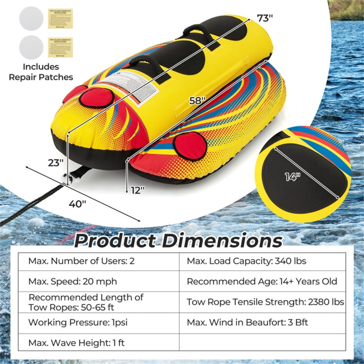 Inflatable Banana Boat Towable Tube for 1-2 Riders 340 LB Capacity 73x40x23 Inch Yellow Water Sports Toy for Lake Ocean River Boating Family Fun Summer Water Toy with Boston Valves