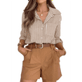 thumbnail image 3 of Striped Button Down Shirts for Women Dress Shirts Long Sleeve Casual Collared Office Work Shirt with Pocket Brown XXL, 3 of 7