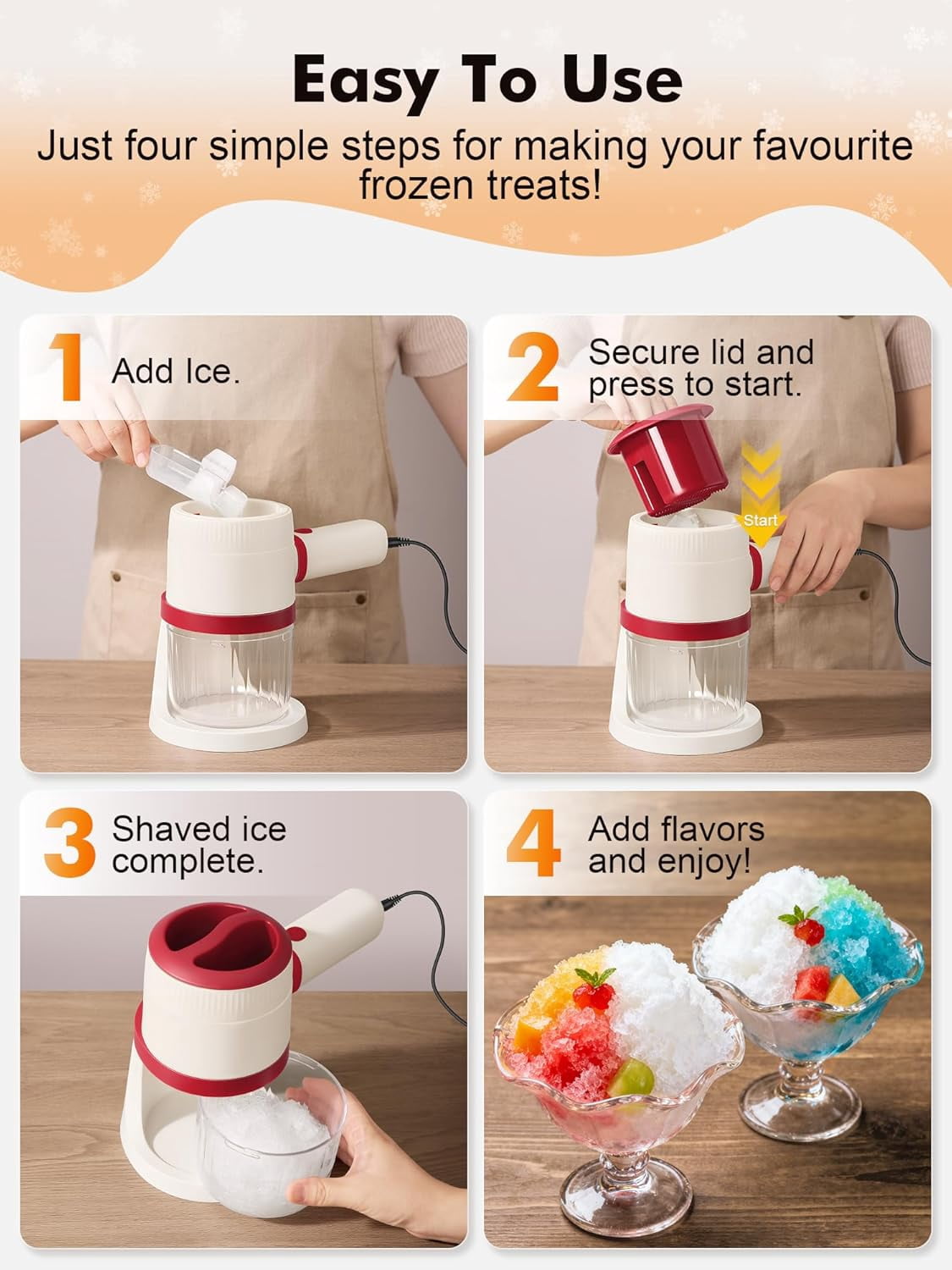 Electric Snow Cone Maker, Mini Snow Cone Machine with Reusable Cup, Portable Tabletop Slushie & Shaved Ice Maker for Home Party, Red