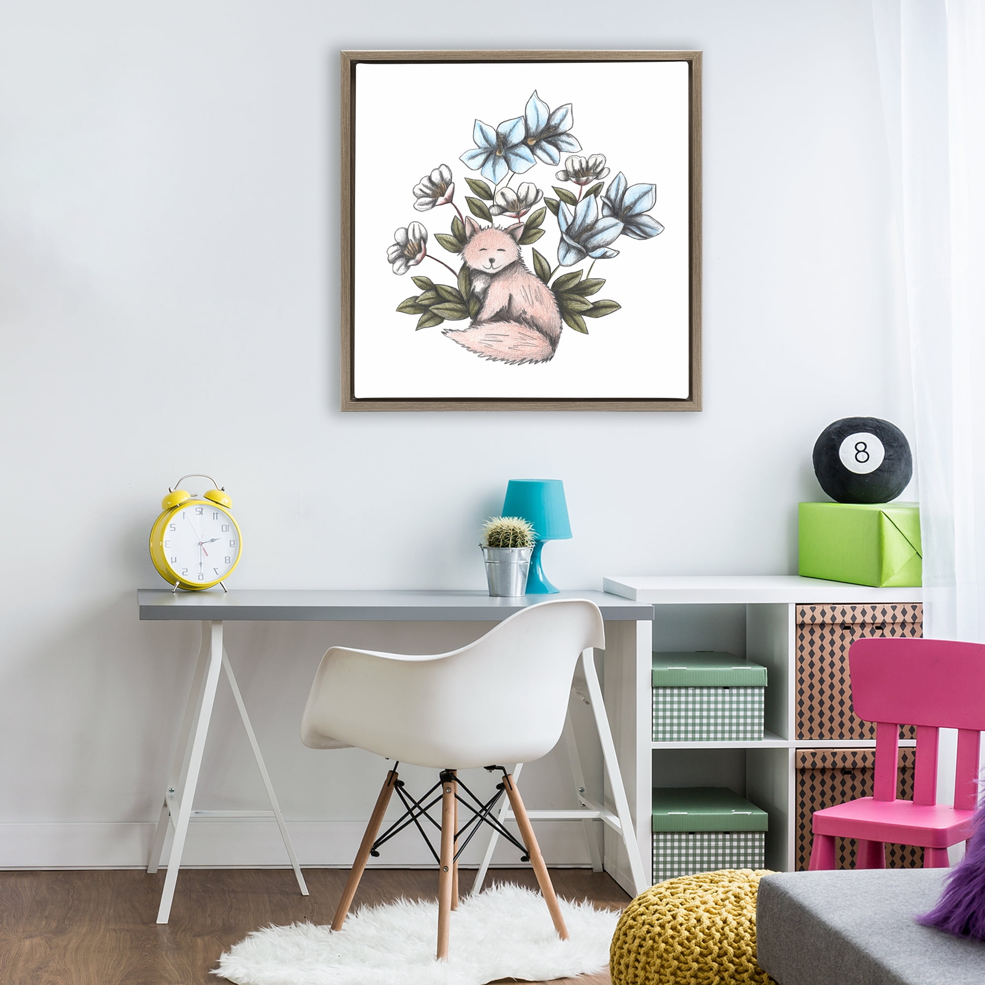 Gentle Fox with Flowers Brown Framed Floater Canvas Wall Art, design by Cecilia Battaini