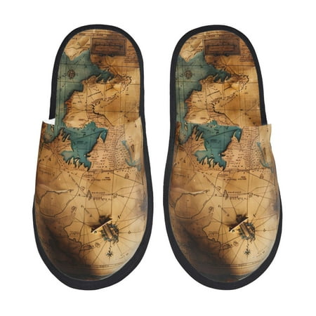 

Qokaie Antique Map Adventure Scene Print Fuzzy Slippers for Women – Soft Plush Indoor Slippers with EVA Sole Cozy and Comfortable for Home and Travel-Large