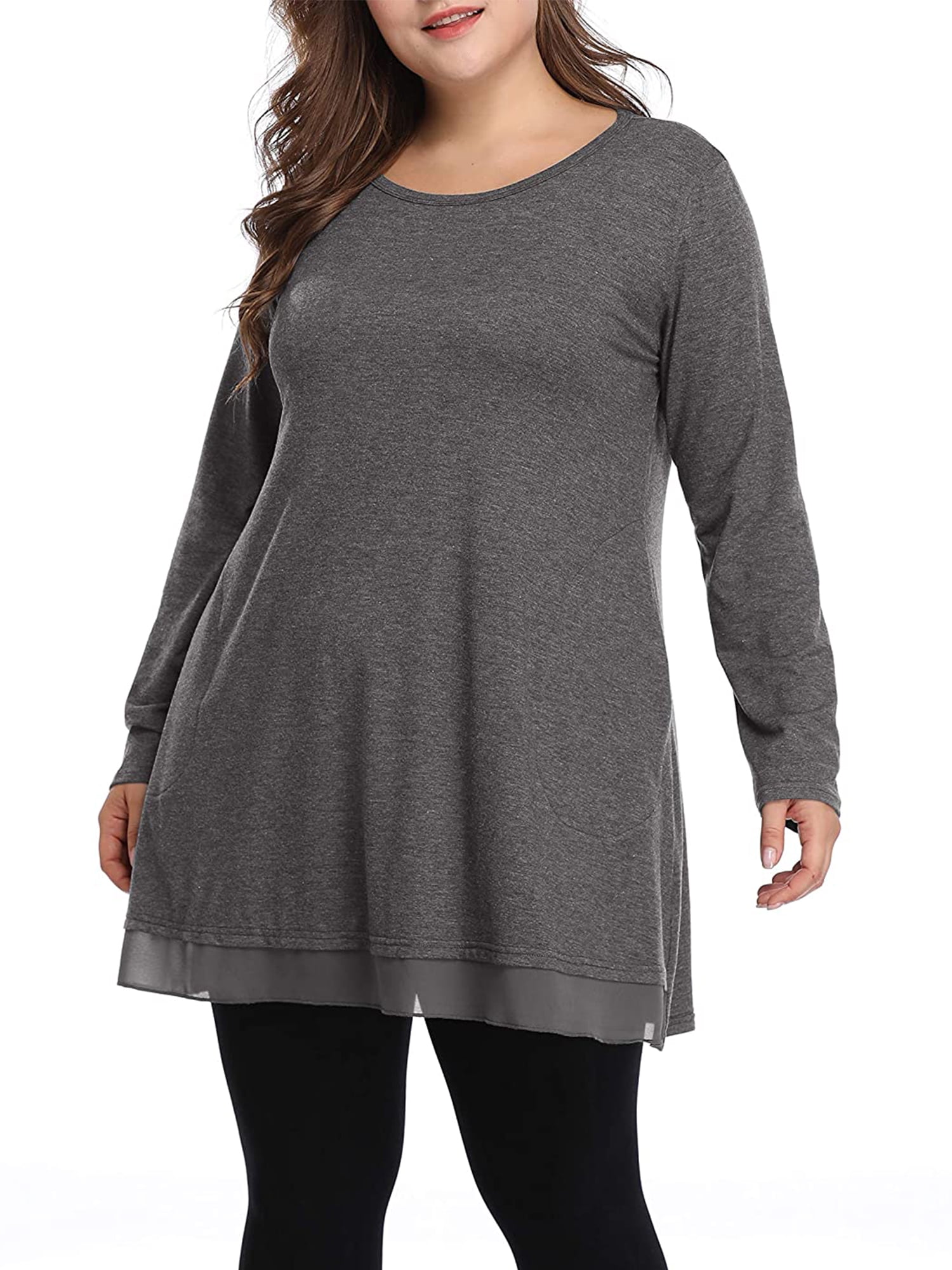 pen voksenalderen Strædet thong Women's Plus Size Tunic Tops Chiffon-Trimmed T Shirts with Pockets Long  Sleeve A-Line Flowy Tunic Blouse for Women - Walmart.com