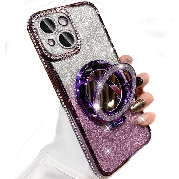for iPhone 15 Plus Case Magnetic KickStand, Compatible with Magsafe Shockproof Glitter Makeup Mirror Ring Holder Camera Lens Protector Girly Cute Bling Phone Cover for iPhone 15 Plus (Purple)