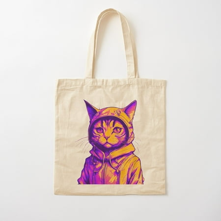 Cat Wearing A Futuristic Hoodie Illustration (Orange & Hot Pink / Purple) Cotton Tote Bag Canvas Tote Bag  Family Gift For Mother  Her