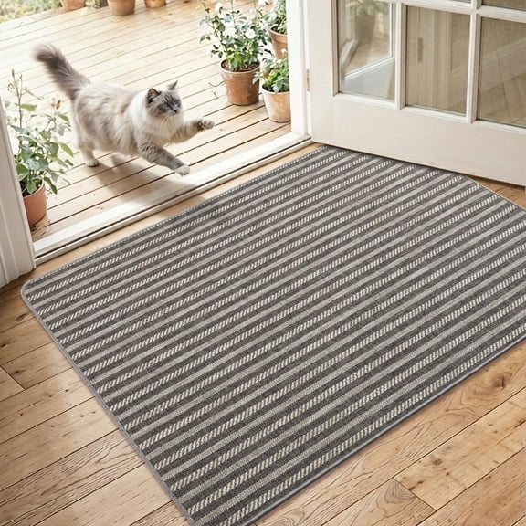 MatEssenz Washable Door Mat 2x3 ft, Inside Welcome Mat, Low Profile Entryway Rug, Neutral Striped Faux Linen, Non-Slip Mudroom & Back Door Mat, Pet Friendly, Grey