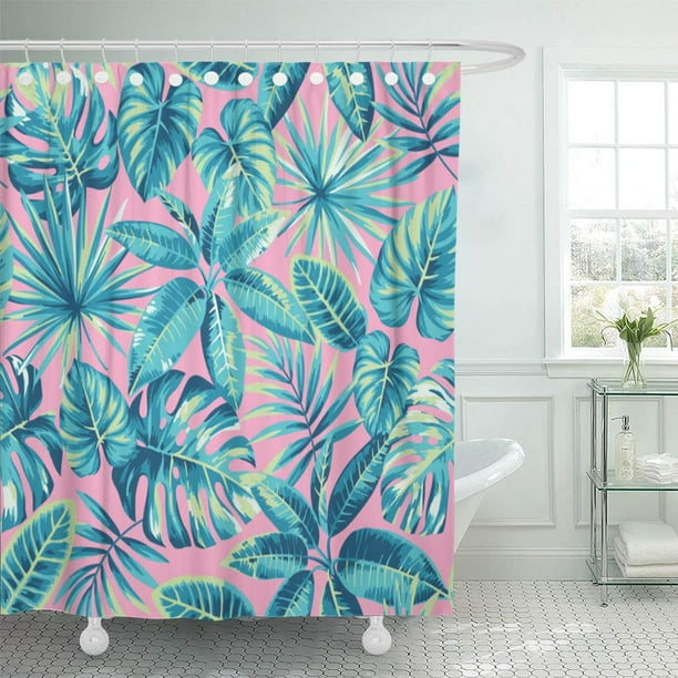 Suttom Pink Pattern Tropical Exotic Palm Leaves Blue Leaf Tree Floral Shower Curtain 66x72 Inch Walmart Com Walmart Com