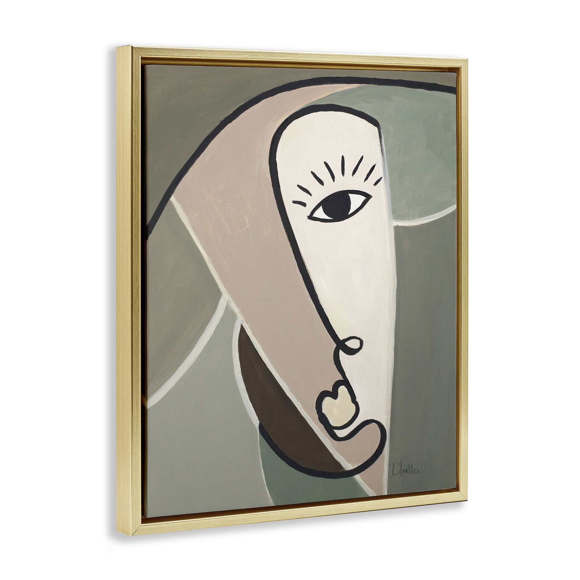 Stupell Industries Boho Cubism Face Abstract Painting Gold Floater Framed Canvas Art Print Wall Art, 25 x 31