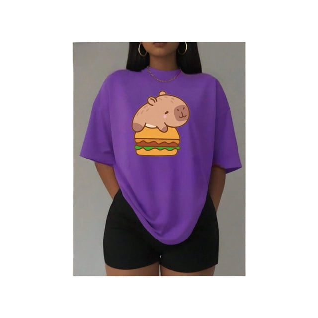 Playera Blusa De Capybara Con Una Hamburguesa Capibara Color Morado Talla Mediana Marca Emil SaEs