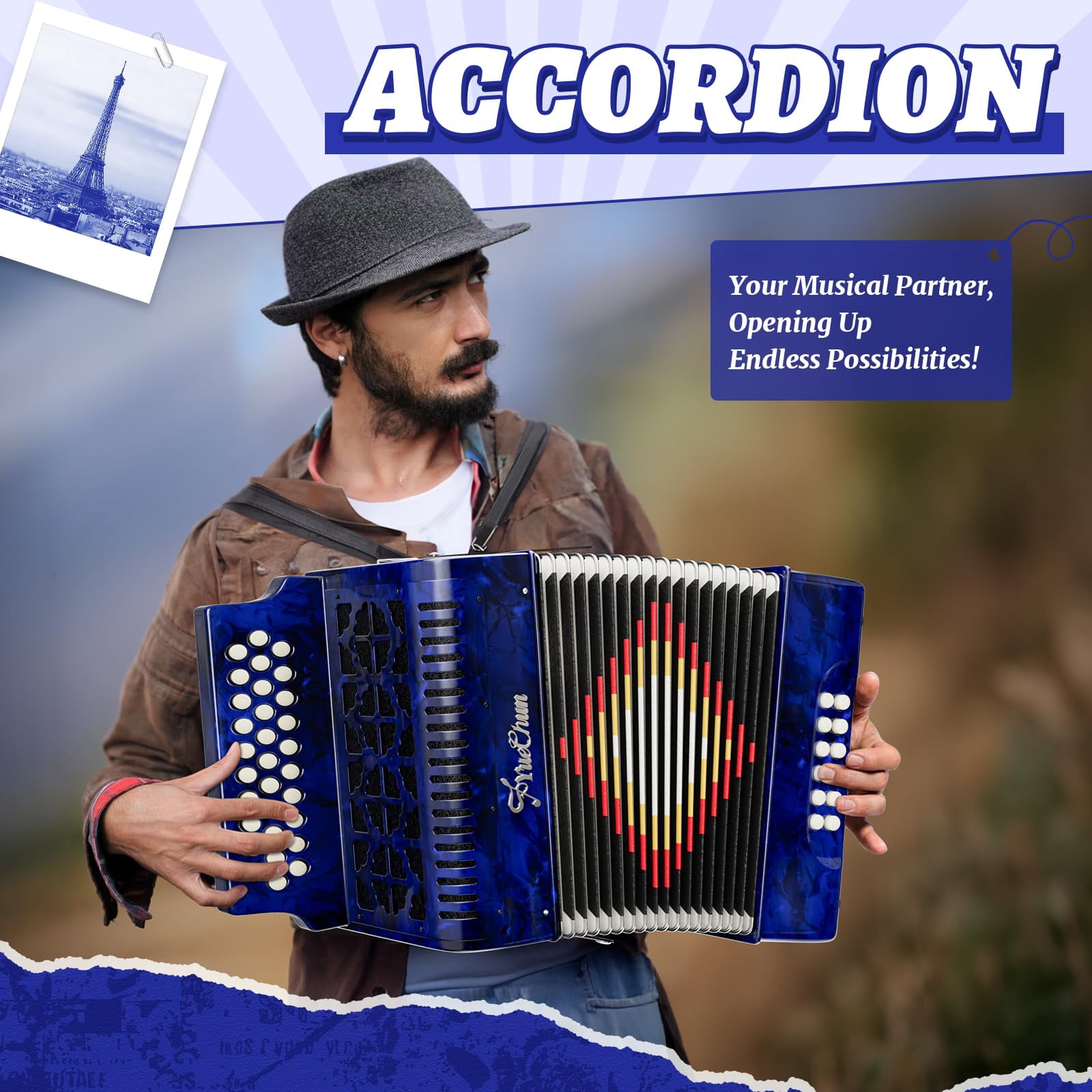 YueChun Accordion, 31 Keys 12 Bass G/C/F Diatonic Button Accordion , Portable Professional Button Accordion with Case (Blue)