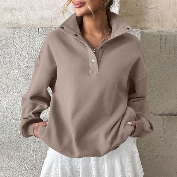 Pounoo Oversized Sweatshirt for Women Henley Neck Collar Button Long Sleeve Shirts Fall Loose Workout Pullover Blouse Gift