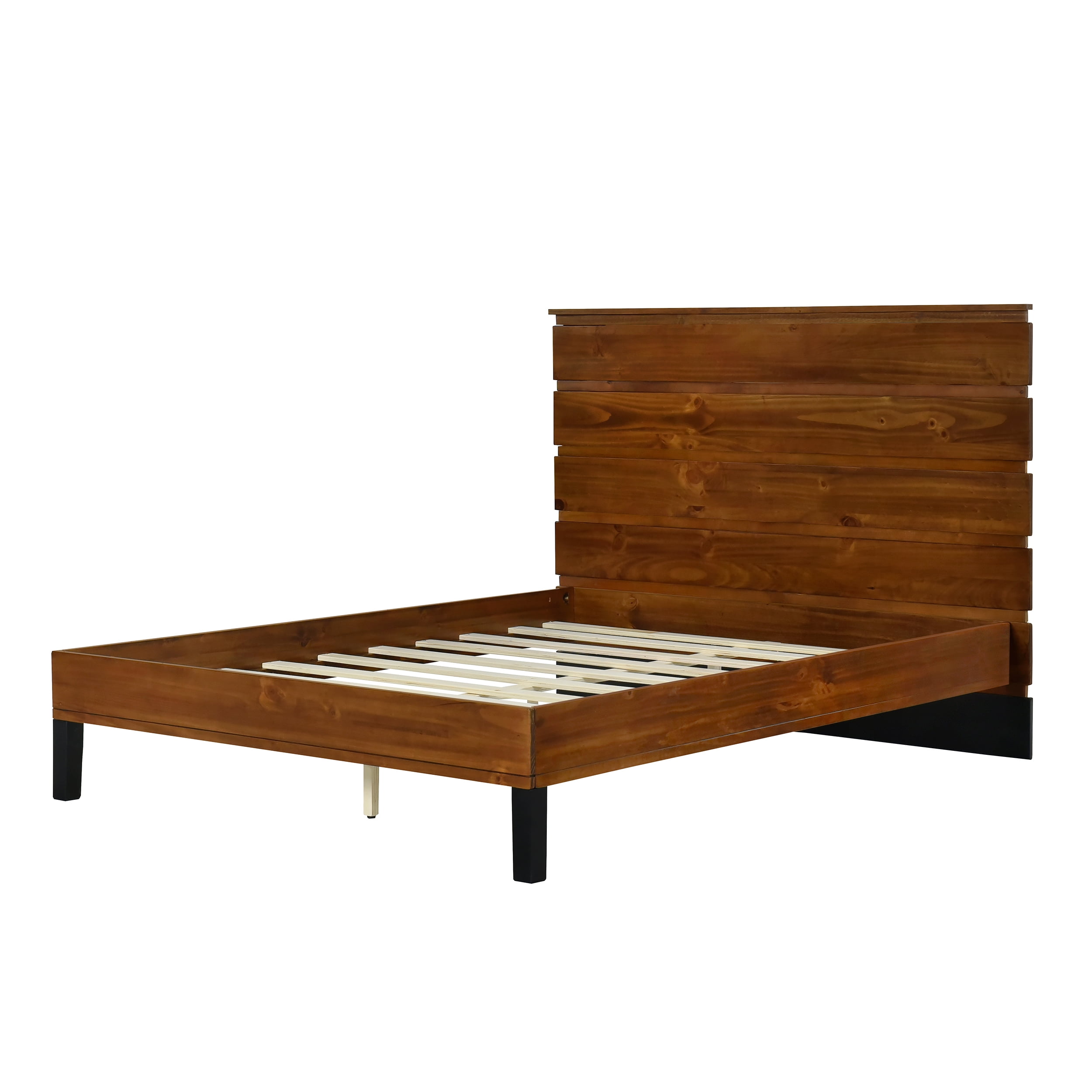 Euroco Wood Bed Queen Platform Bed with Six-Piece Headboard Design for Kids Adults,Brown