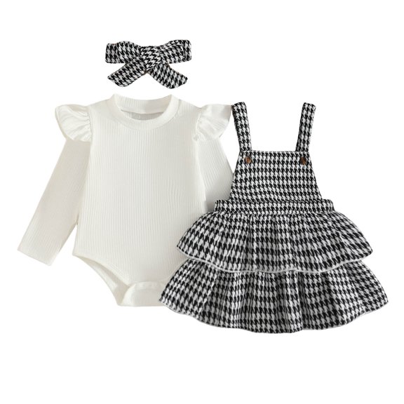 Duqingm Baby Girl Winter Clothes Toddler Girl Spring Fall Outfit Long Sleeve Ruffle Romper Floral Suspender Skirt Headband Set,3-6 Months