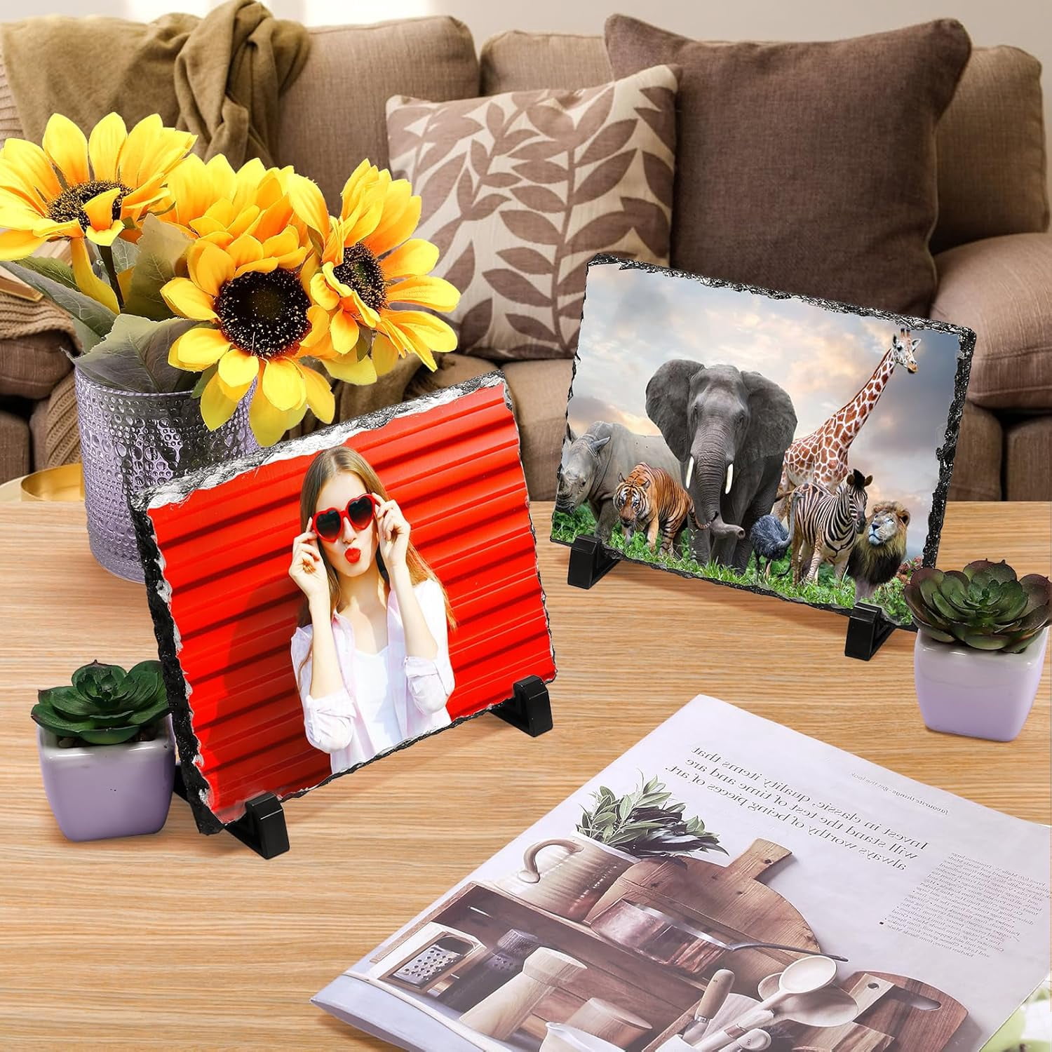 6 Pcs Sublimation Blank Slate, 7.5 x 5.5 in Heat Transfer Rock Photo Plaque with Display Stand,Sublimation Slate Blanks Custom Stone Slate Picture Frame for Desktop Souveni Decoration