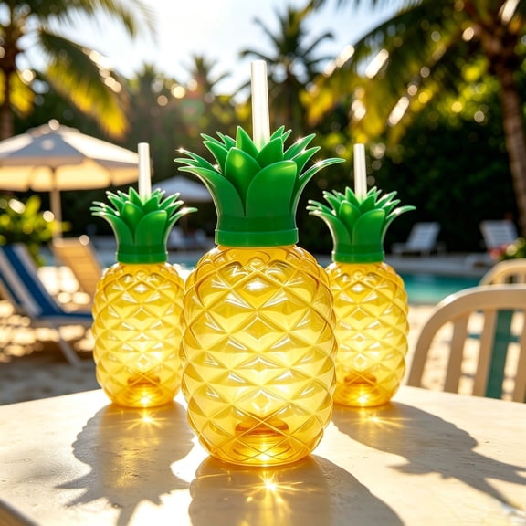 Pineapple Cup with Straw, Cute Tropical Fruit Shaped Drink Cup, Reusable Summer Water Bottle for Beach Party Hawaiian Luau Decor 3.54x6.29in 3PCS