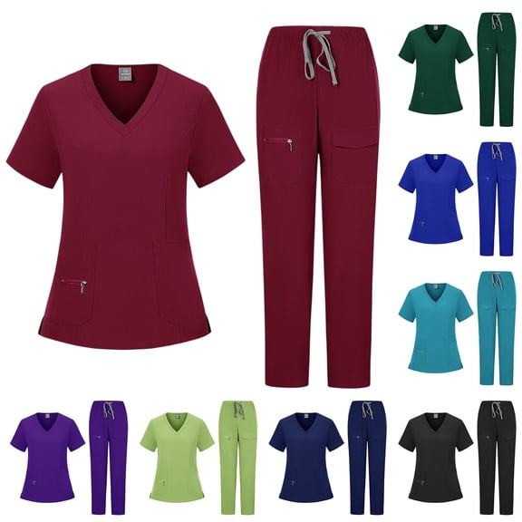 Minjewel Women's V-Neck Short Sleeve Two-Piece Scrub Set with Pockets, Comfortable Scrubs for Women in Nursing, Caregiving & Medical Roles,Black L