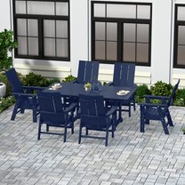 WestinTrends Ashore 7 Pieces Adirondack Outdoor Dining Set, All Weather Poly Lumber Slatted Modern Farmhouse Outdoor Furniture Set, 71" Trestle Dining Table and 6 Adirondack Dining Chair, Navy Blue