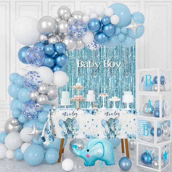 Baby Shower Decorations Boy, Baby Boxes with Letters, Elephant Baby Shower Decorations Backdrop with Blue White Balloon Tablecloth Fringe Curtain Star Foil Balloons