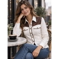 thumbnail image 3 of Women White and Brown PU Leather Splicing Button Down Blouse Long Sleeve Western Patchwork Shirt, 3 of 5