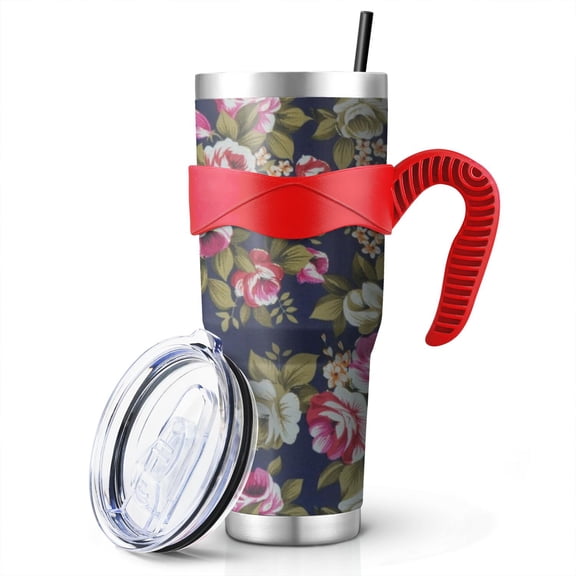 40 Oz Navy Floral Print Tumbler with Handle and Silicone Straws,Pioneer Double Wall Vacuum Insulated Stainless Steel Travel Mug Leak-Proof Coffee Cup on Screw Lid and Straw Red