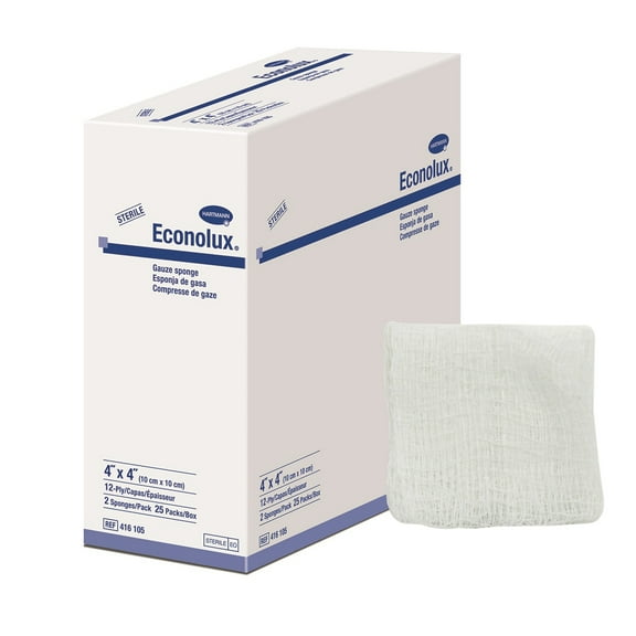 Econolux Sterile 12-Ply Woven Cotton Gauze Sponges, 4 x 4 inches, 2 per Pack, 25 Packs, 50 Total