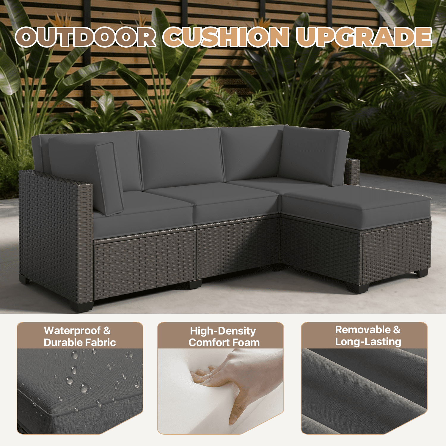 BaPiPro 4-Person Dark Gray Outdoor Sectional Sofa Cushions, Waterproof Polyester Patio Cushions with High-Density Sponge & Side Pillows, No Assembly for Backyard, Balcony, Deck & Poolside