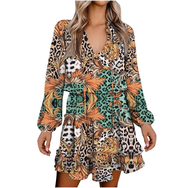 Vestido con cordones estampado de manga larga con cuello en V casual de moda para mujer Fridja yut4174