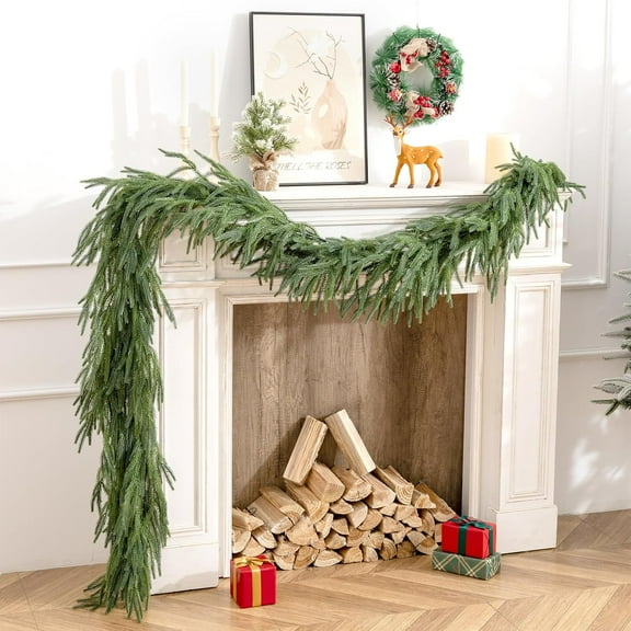 2Pcs 6Ft Real Touch Norfolk Pine Garland-Realistic Christmas Garlands for Mantle- Lush Dripping Artificial Greenary Decoration-Winter Indoor Outdoor Decor