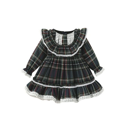 

Baby Girls Halloween Outfits Toddler Plaid Tutu Dress Round Collar Long Sleeve Ruffle Front Button Princess Dresses