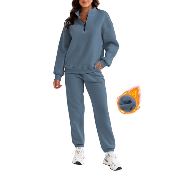 SHEWIN Women's Sweatsuits Fleece Lined Jogger Set Lounge Sets Long Sleeve Sweatshirt Long Sweatpants Two Piece Outfit Tracksuit Pullover Sets Blue XL