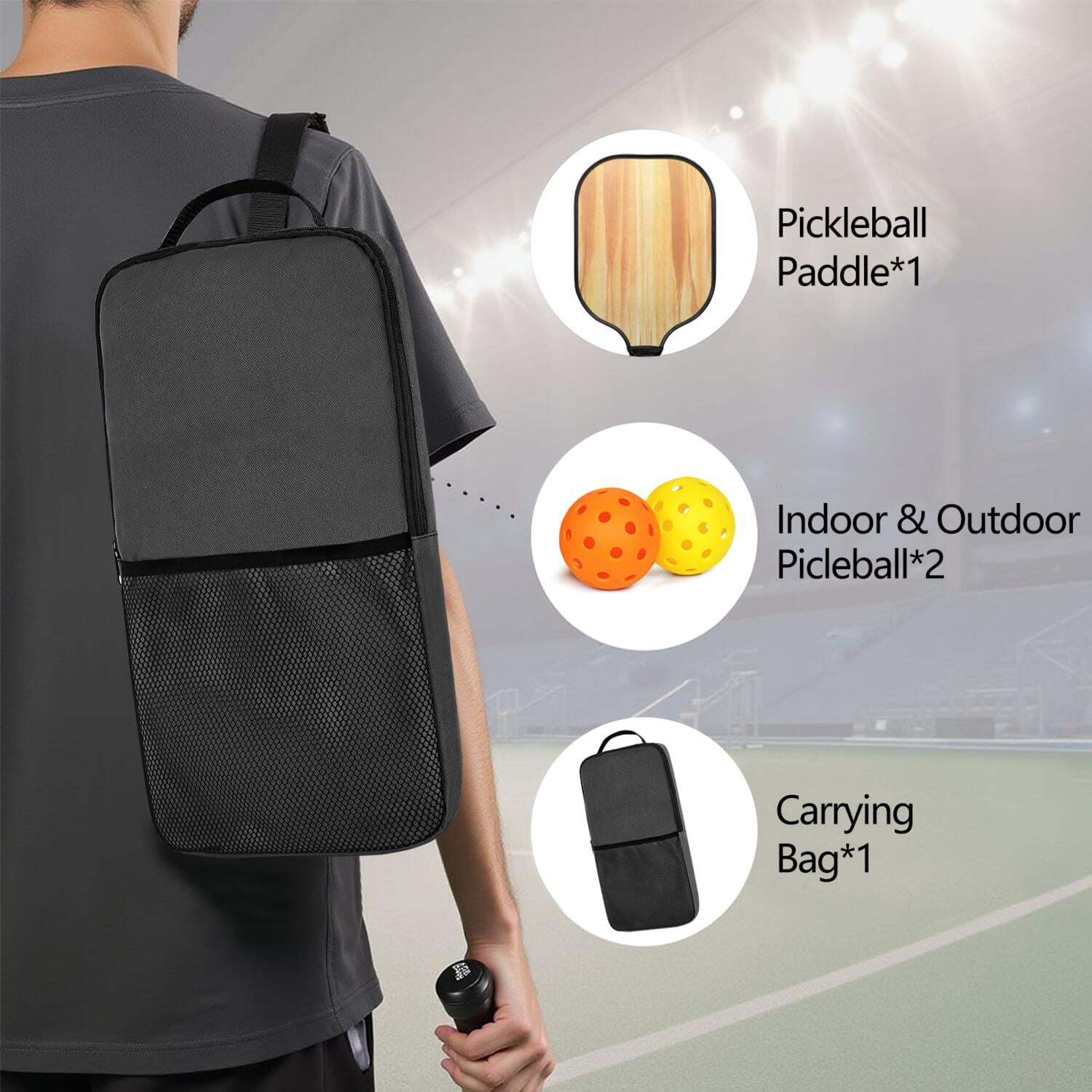Pickleball Paddles Set Of 1, Fiberglass Surface, Wood Grain Print, 1 Paddle, 2 Balls & Bag