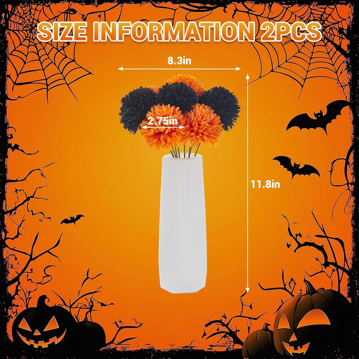 20 Pcs Mums Artificial Flowers, Fake Fall Flowers with 2 White Vases, Silk Chrysanthemum Centerpiece Table Decorations for Halloween, Gothic Wedding, Christmas, Home Decor, Black & Orange