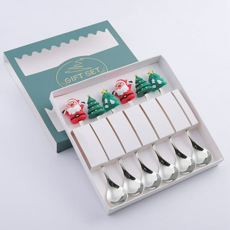 

4/6 pcs Elegant Electroplate Stainless Steel Cute Pattern Dessert Spoon Dinnerware Sets Christmas Decor Spoon and Fork Christmas Gift SILVER 3