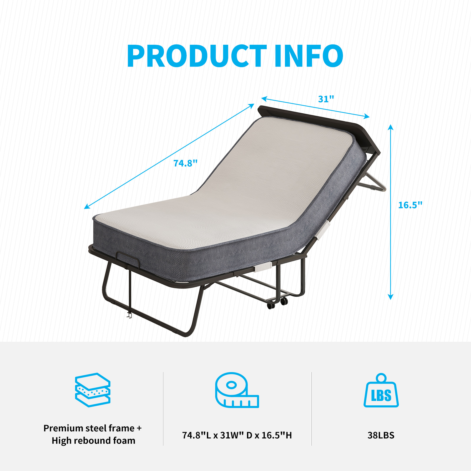 Mjkone Folding Bed with Mattress, Fold Up Bed for Small Space, Foldable Bed with Lockable Wheels