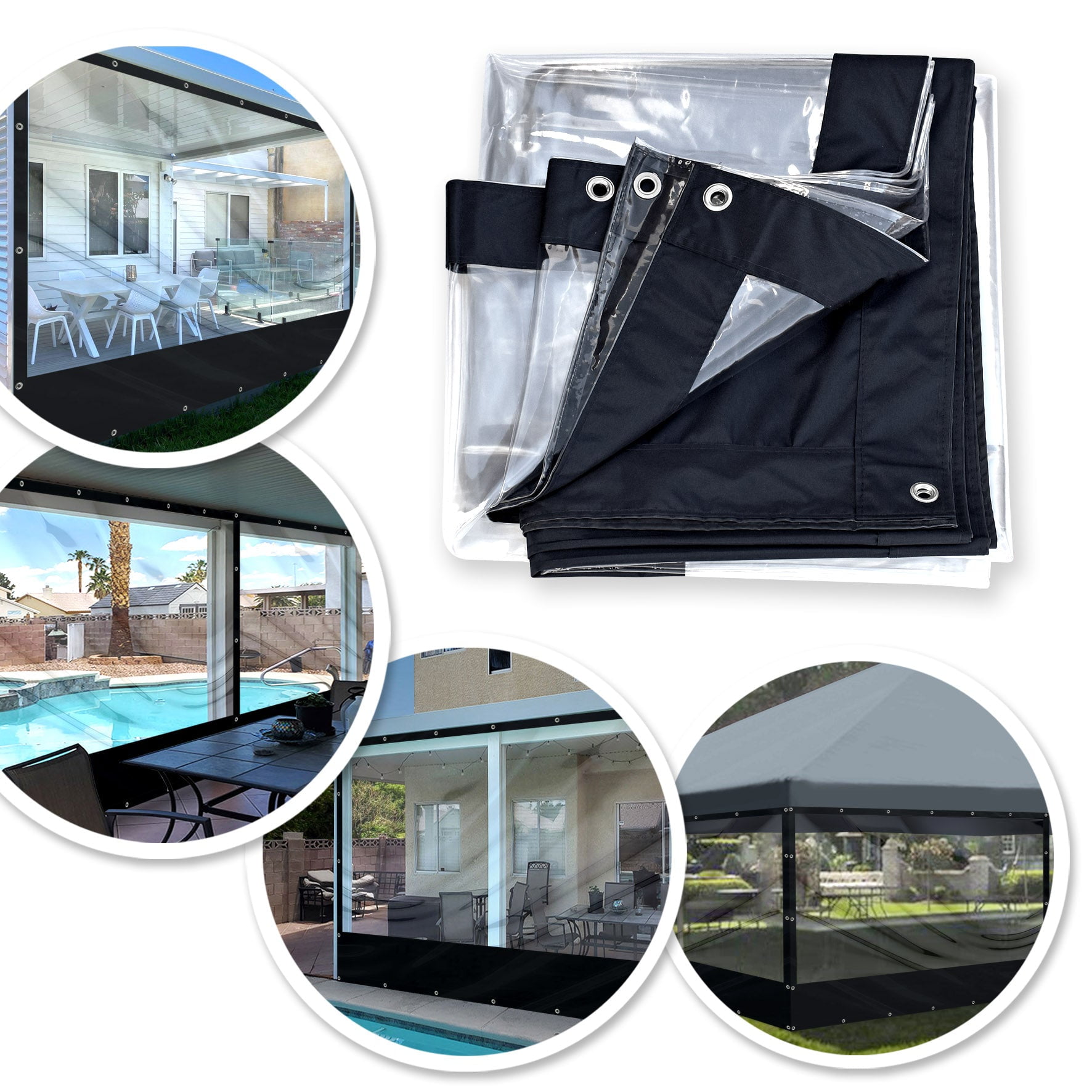 SUNNYOUTDOOR 8x12 ft PVC Vinyl Tarp Clear Sidewall for Straight Leg Splicing Transparent Canopy Tent wall with eyelets 16 Mil (Black)