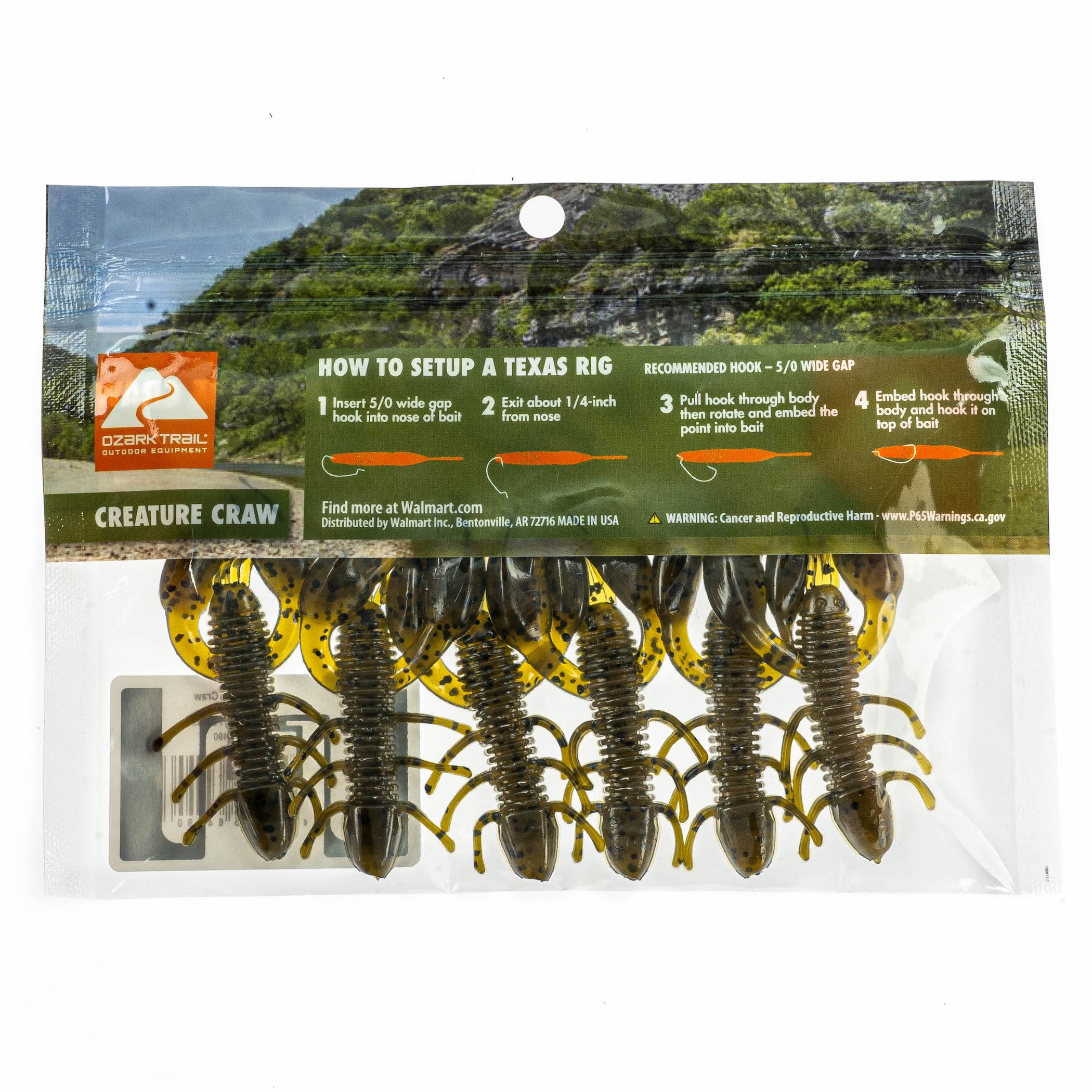 (3 pack) Ozark Trail Creature Craw 2", Green Pumpkin, 6 pieces Fishing Soft Baits