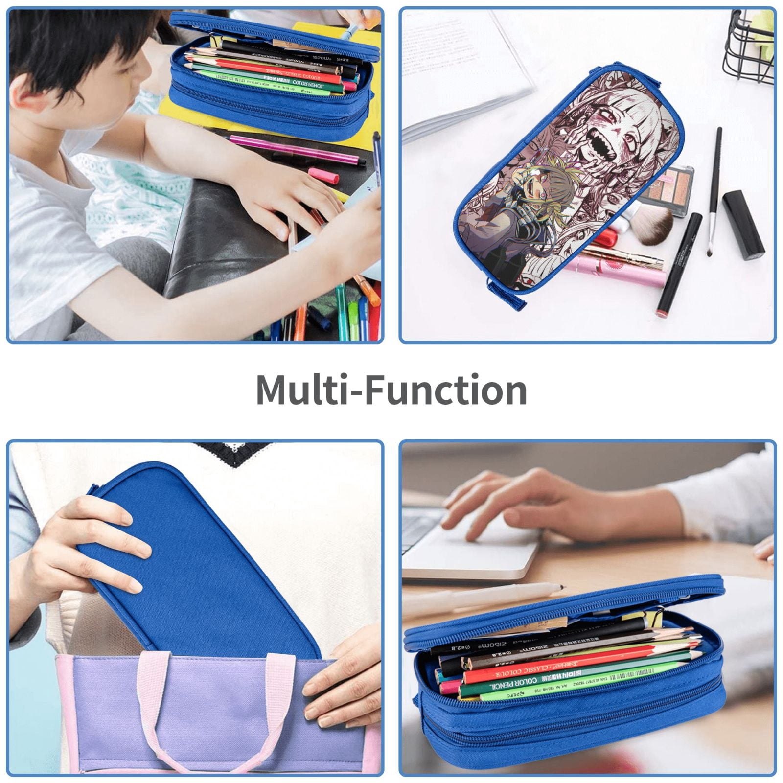My Hero Academia Himiko Toga Pencil Case Large Capacity Pencil Pouch Pen Bag Office Stationery Organizer Travel Makeup Bag Blue