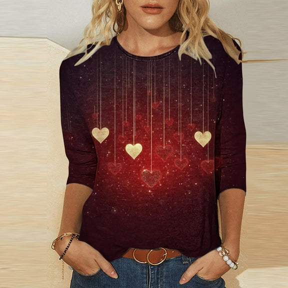 Avrnliq Valentine Womens Plus Size Heart Print Blouse - 3/4 Sleeve Loose Fit Stretchy Polyester Spandex Multicolor Gradient Wine Red Casual Chic Extended Sizes S-XXXXXL,Size L