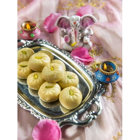 Indian Sweets with Tiny Statue of Ganesha. Print Wall Art By