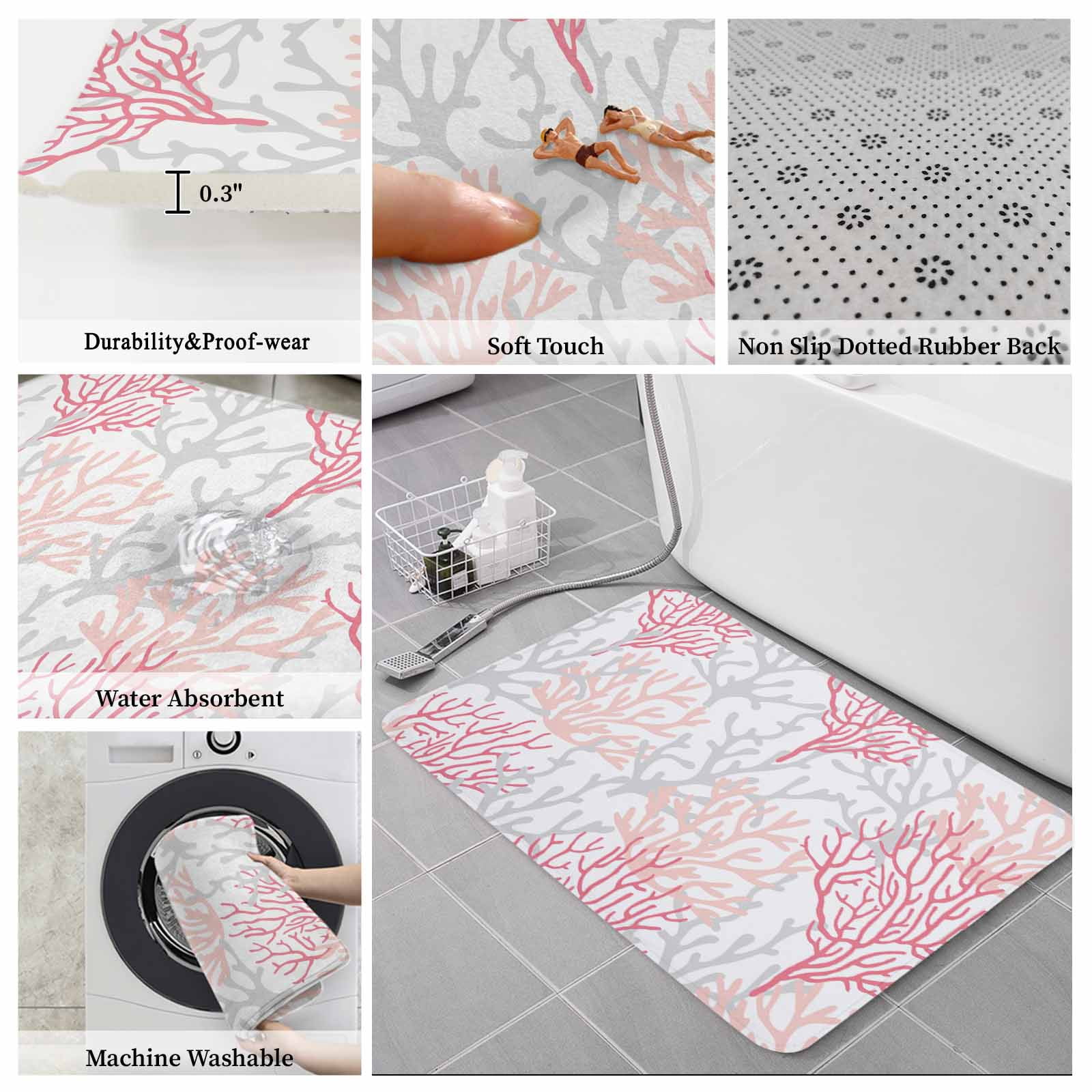 Pink Grey Coral Coastal Bath Mat 3 Piece Bathroom Rug Set, Summer Beach Seaside Nautical Non Slip Bath Rug Contour Mat and Toilet Lid Cover, Absorbent Shower Mats Soft Bath Rugs and Mats Sets