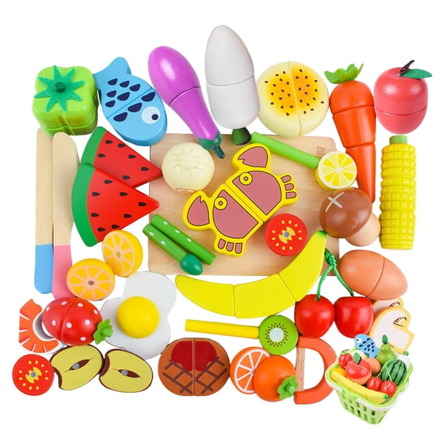 Juego de 35 Piezas Sunnimix Juguetes de Cocina de Madera Cortar Frutas Verduras