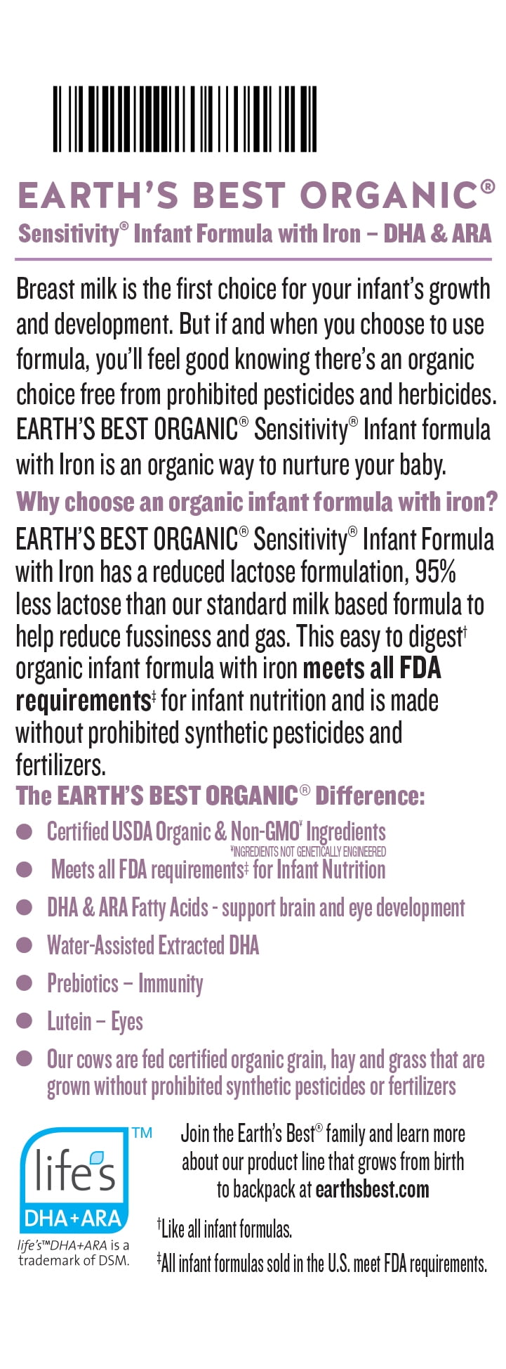(4 pack) Earth's Best Organic Sensitivity Powder Baby Formula with Iron DHA & ARA, 32 oz Canister