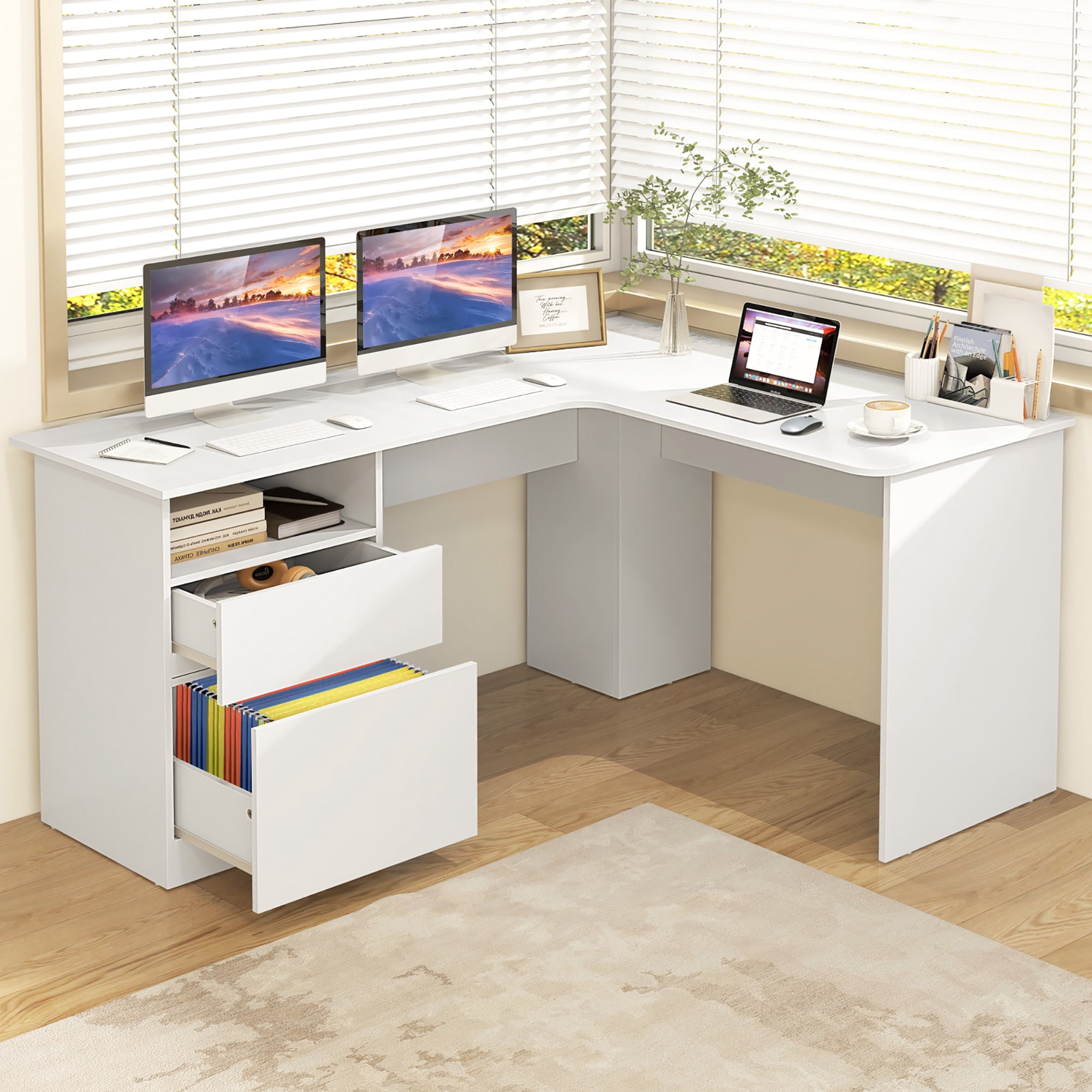 Gymax 59'' Corner Computer Desk L-Shaped Desk w/ Letter Size File Drawer & Open Shelf White