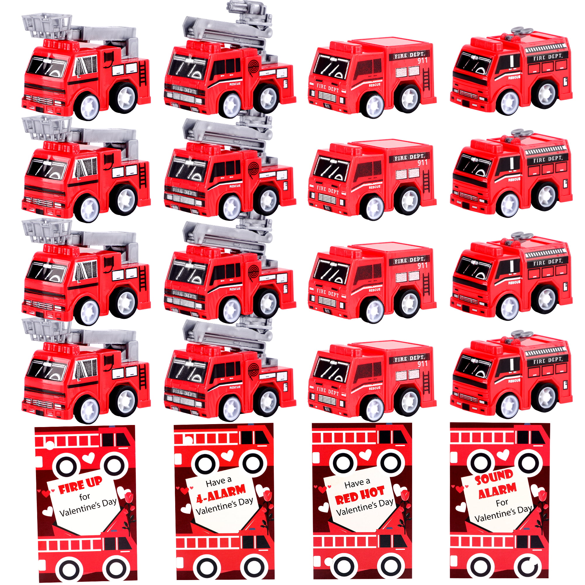 FiGoal 16 PCS Valentine’s Day Kids Gift Set with 16 Pull Back Fire Trucks and 30 Valentines Gift Cards For Kids Classroom Prize Valentines Gift Exchange Goodie Bags 
