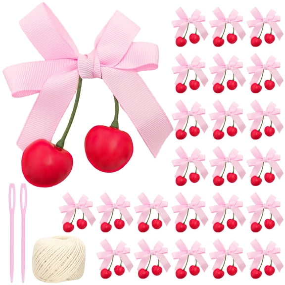 24 Pcs Pink Cherry Bows DIY Craft Kit, Sweet Handmade Bows with 2 Sewing Needles, Cherry Bow Garland Decor for Hair Accessories, Birthday Decorations, Party Supplies