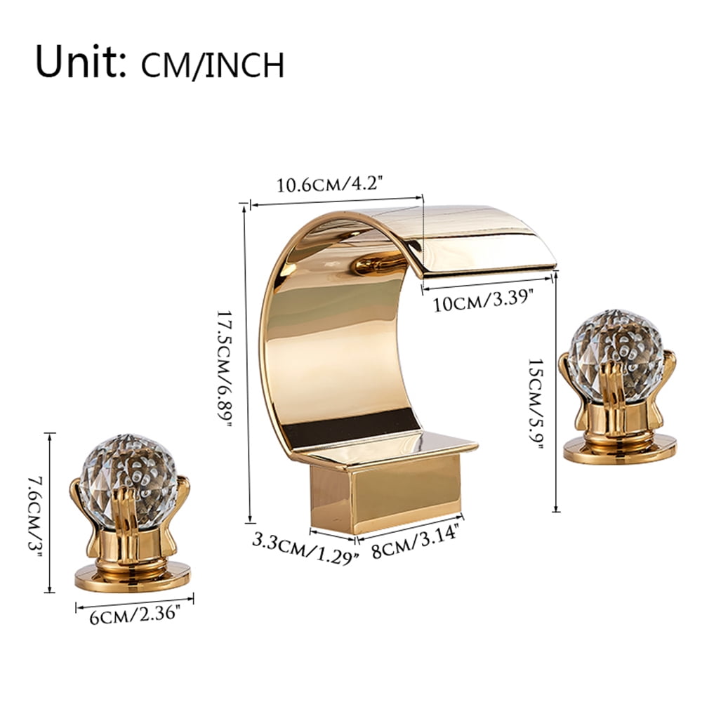Gold Widespread Waterfall Bathroom Sink Faucet 2 Handle 3Hole Basin Mixer Tap